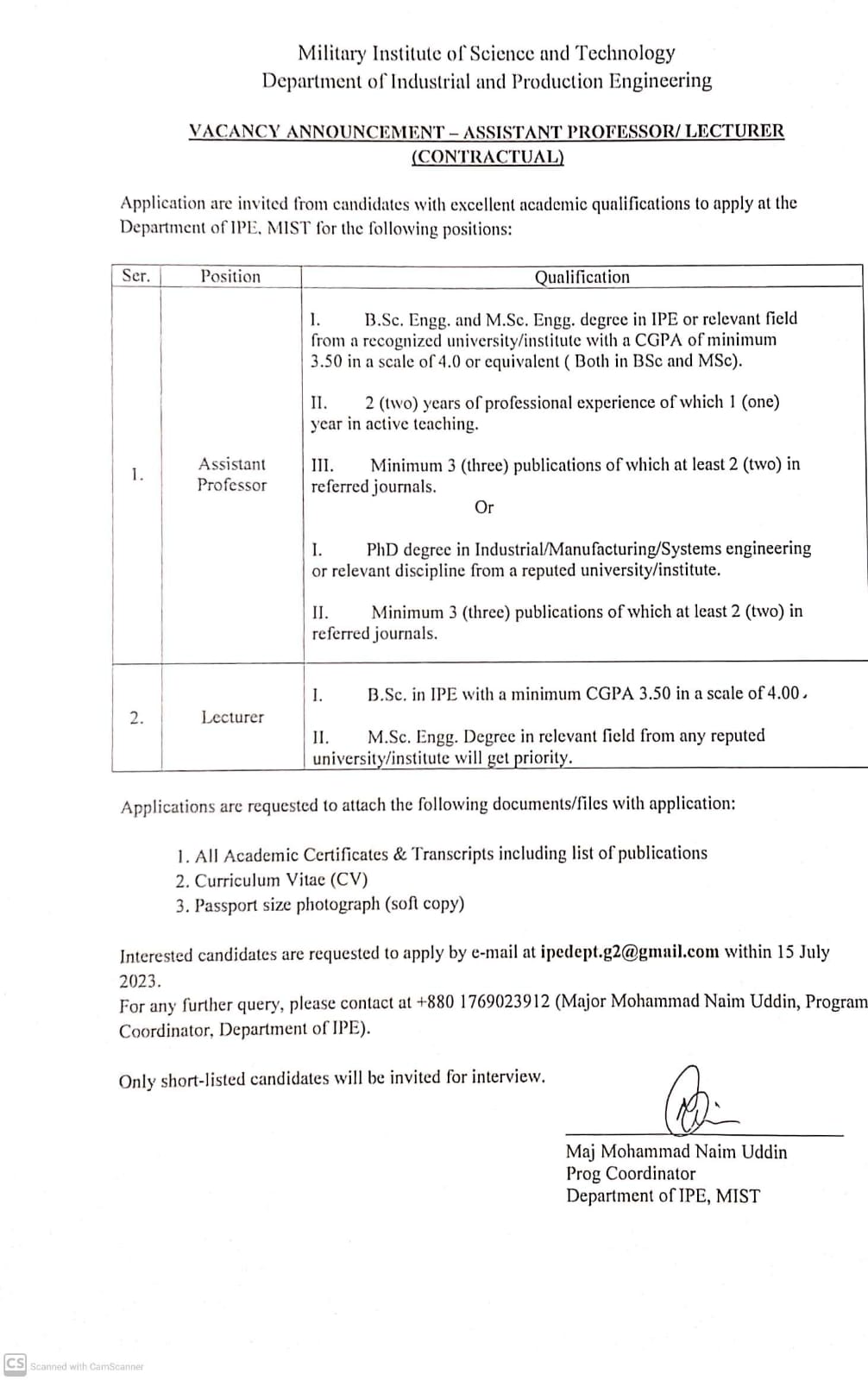 Vacancy Announcement- Assistant Professor/Lecturer (Contractual)